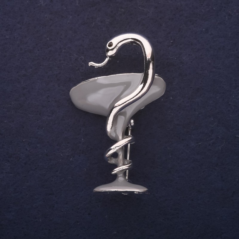 Brooch 'Cup with Serpent' with grey enamel, 44x21mm, silver metal