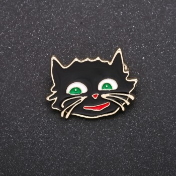 "Cheshire Cat" Brooch, black enamel, silver-tone metal 27×22mm