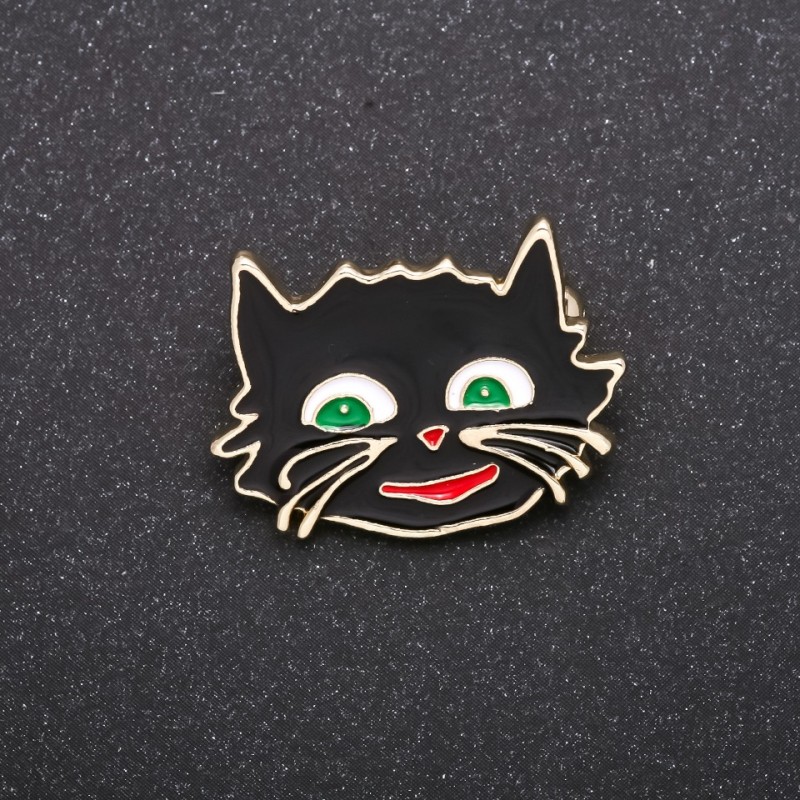 "Cheshire Cat" Brooch, black enamel, silver-tone metal 27×22mm