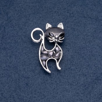 "Kitty" Brooch, black Cat's Eye, silver-tone metal 30×45mm