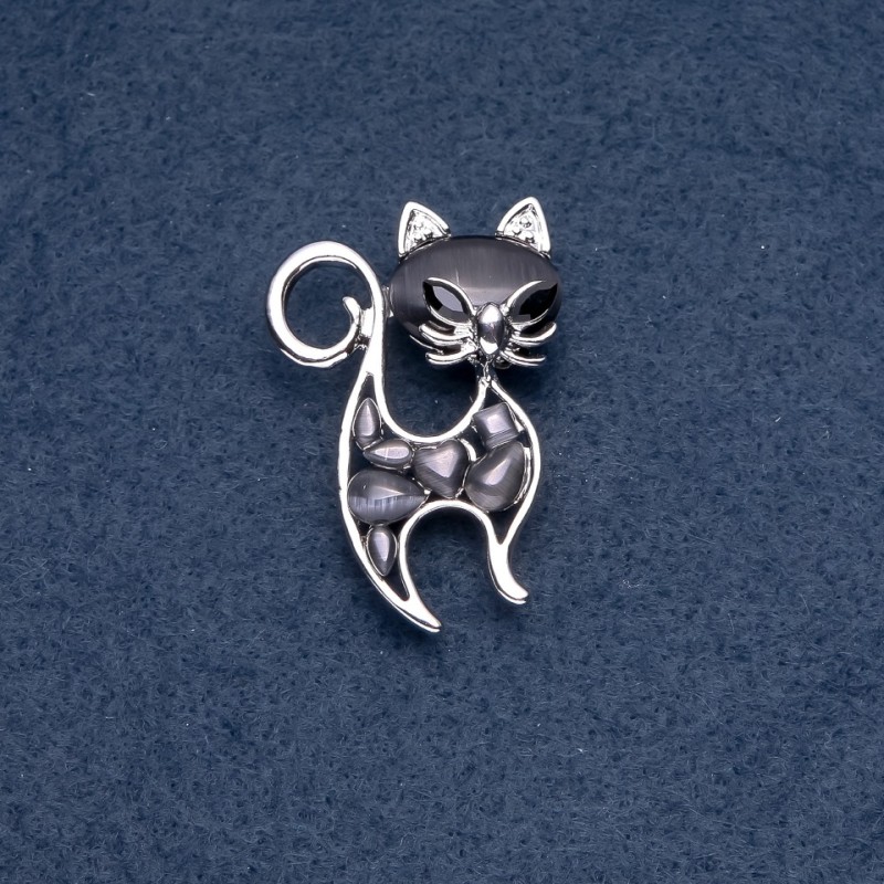"Kitty" Brooch, black Cat's Eye, silver-tone metal 30×45mm