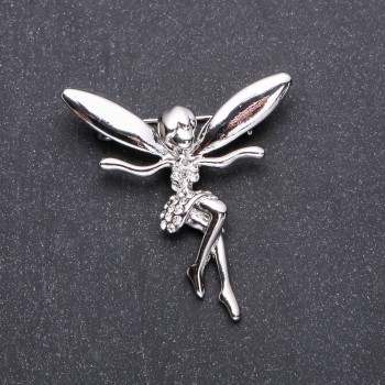 Brooch: Elf Maiden in White Crystals 43x42mm White Metal
