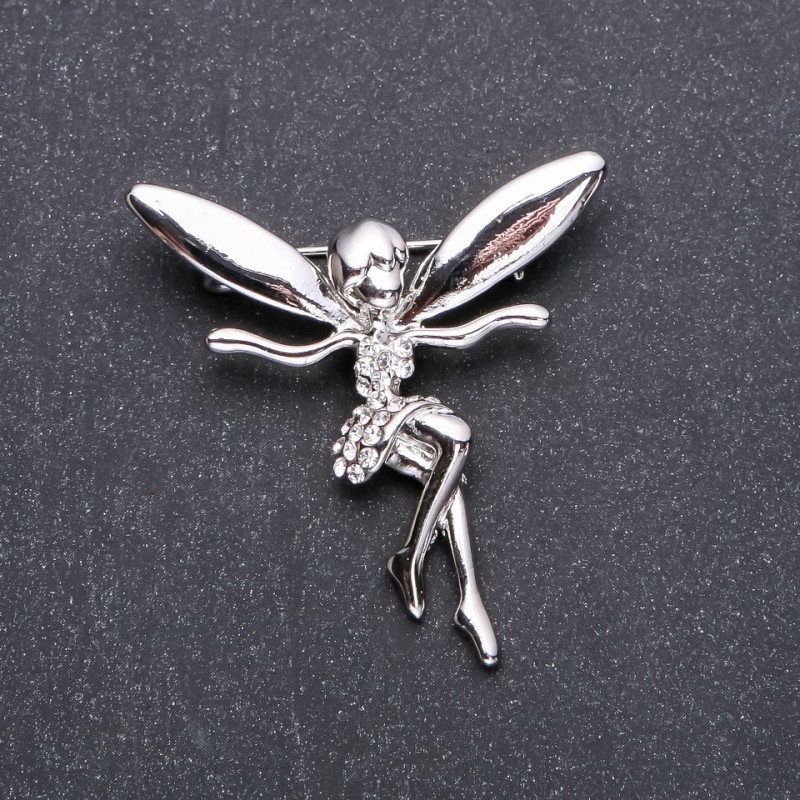 Brooch: Elf Maiden in White Crystals 43x42mm White Metal