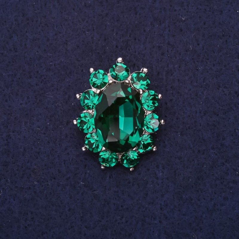Accent Brooch with Marquise-Cut Stone, Emerald Green, 30x24mm, Silver-Tone Metal