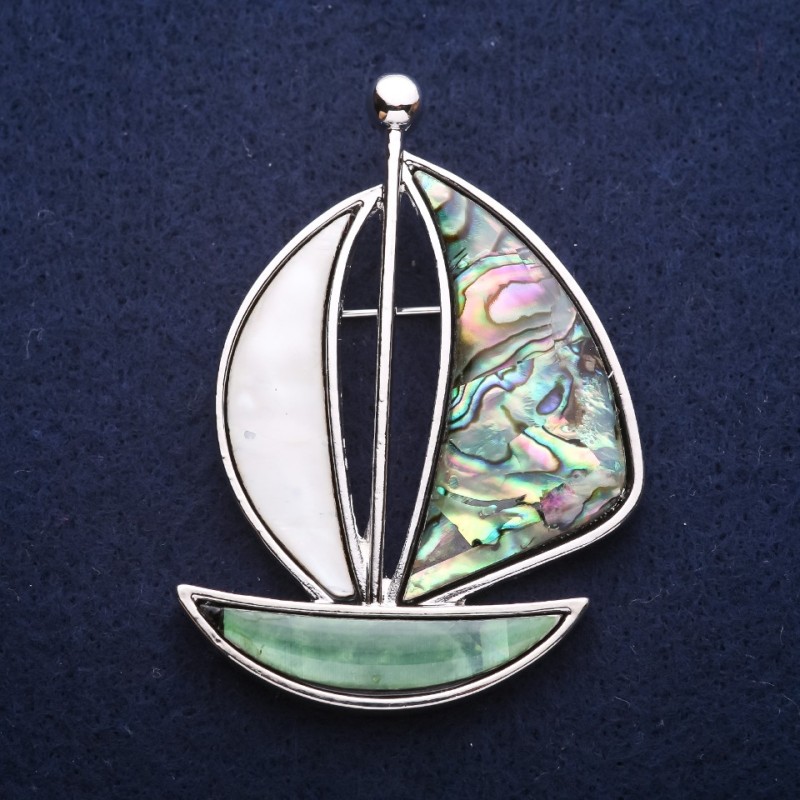 Brooch Pendant Boat with Chalcedony and Mother of Pearl 62x45mm