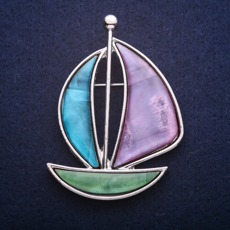 Brooch Pendant Ship with Pearlized Shell 62x43mm +
