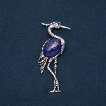 Heron Brooch Pendant with Natural Lapis Lazuli, 80x30mm