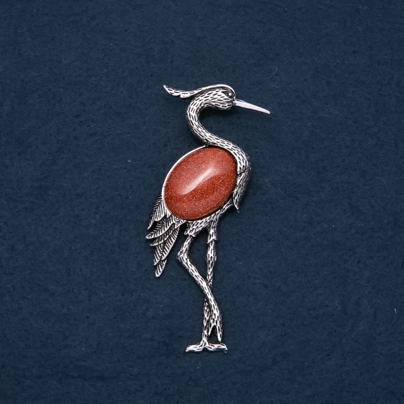 Brooch Pendant Heron with Natural Aventurine "Golden Sand" 80x30mm
