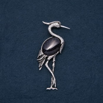 Brooch Pendant Heron with Natural Stone Aventurine Blue Sand Night of Cairo 80×30mm