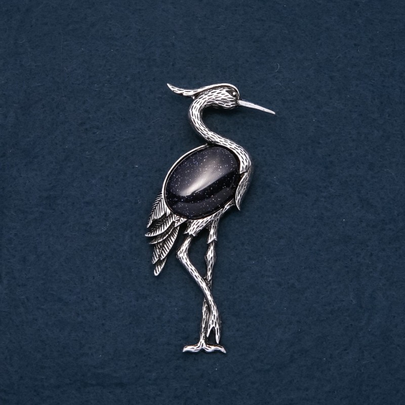 Brooch Pendant Heron with Natural Stone Aventurine Blue Sand Night of Cairo 80×30mm