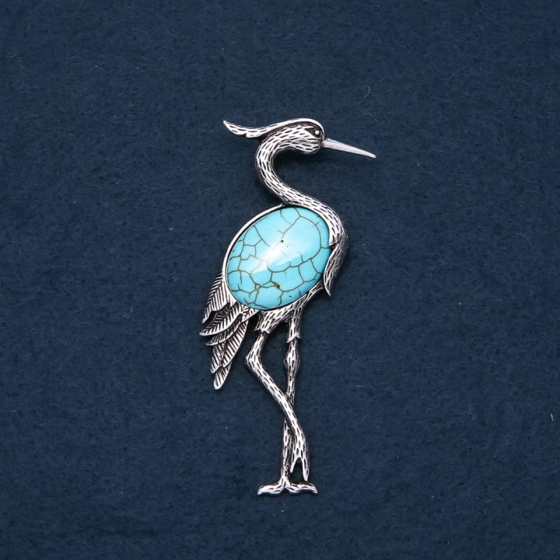 Brooch Pendant Heron with Natural Stone Turquoise 80×30mm