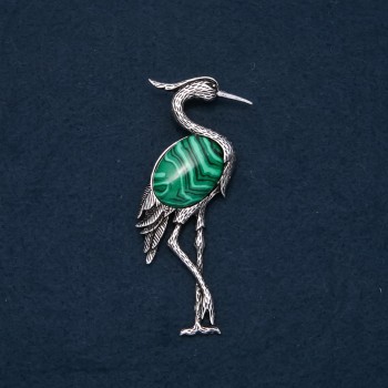 Heron Brooch Pendant with Natural Malachite, 80x30mm