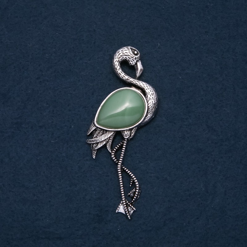 Flamingo Brooch Pendant with Natural Jade Stone 85x30mm