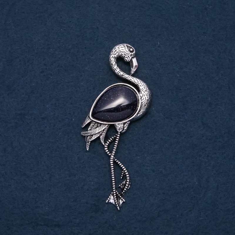 Brooch Pendant Flamingo with Natural Stone Aventurine Blue Sand Cairo Night 85x30mm