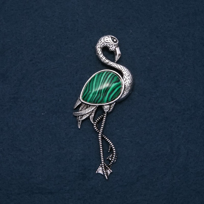 Flamingo Brooch Pendant with Natural Malachite, 85x30mm
