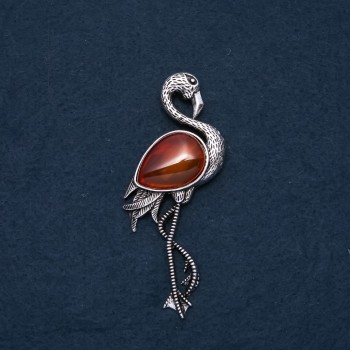 Brooch Pendant Flamingo with Carnelian natural stone 85×30mm