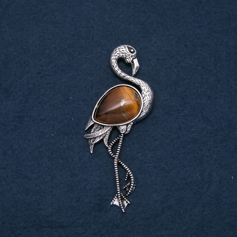 Flamingo Brooch Pendant with Natural Tiger's Eye Stone 85x30mm