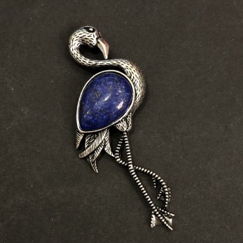Flamingo Brooch Pendant with Natural Lapis Lazuli Stone 85x30mm