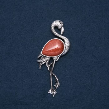 Flamingo Brooch Pendant with Natural Aventurine Stone "Golden Sand" 85x30mm