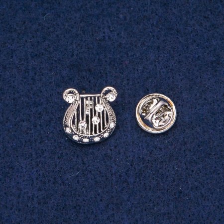 Lyre Brooch with White Rhinestones, Light-Tone Metal, 17x15mm +