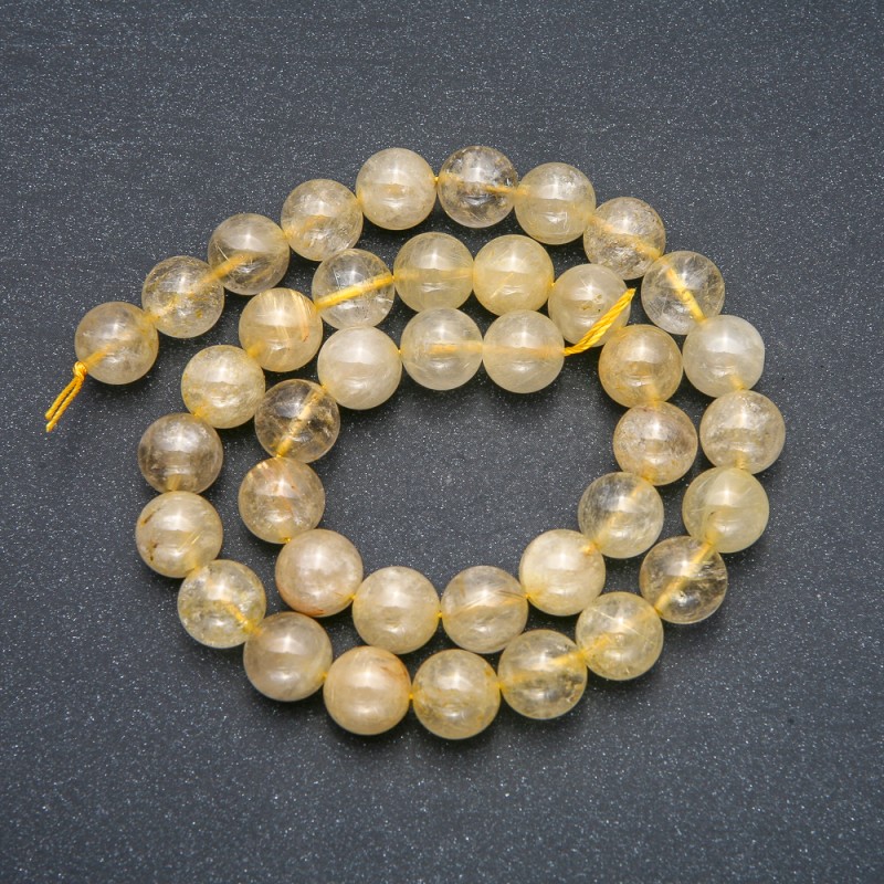 Beads on a Thread Natural Stone Rutilated Quartz "Hair" Smooth Round, diameter 10mm +/-, length 39cm+
