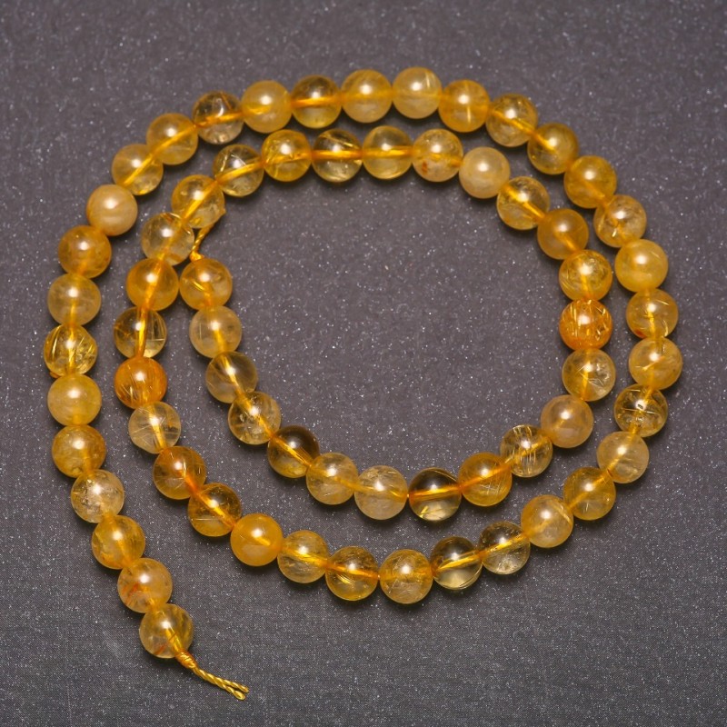 Natural Stone Beads Rutilated Quartz Smooth Round, Diameter 6 (+/-) mm, Length 38cm