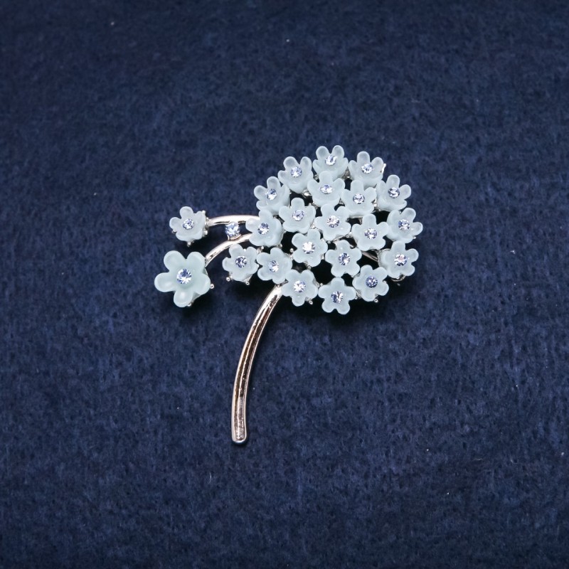 Brooch Flower 52x40mm Rhinestones Colour Blue Metal Silver-Tone