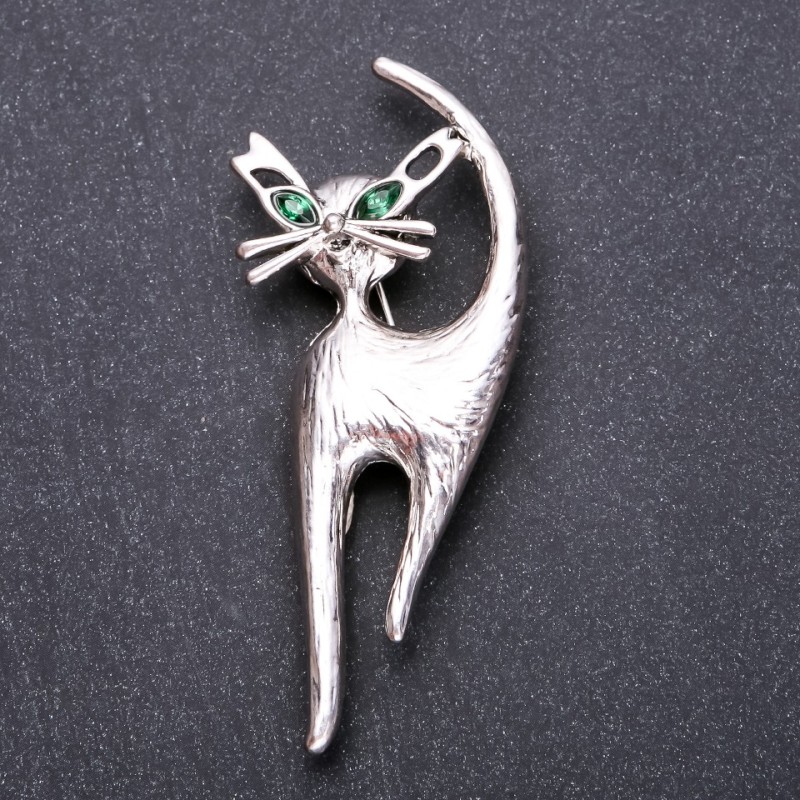 Cat Brooch green rhinestones 77x32mm, grey-tone metal