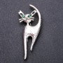 Cat Brooch green rhinestones 77x32mm, grey-tone metal