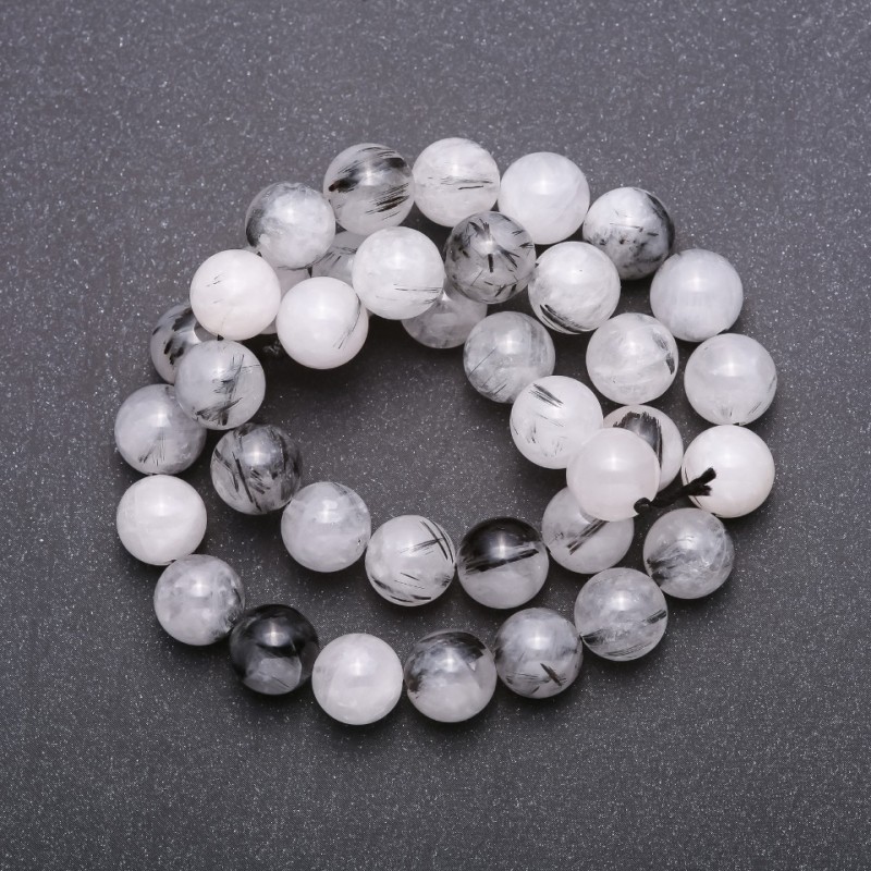 Rutilated Quartz Beads "Hairy Stone" Black on thread smooth round bead, diameter 10 (+ -) mm, length 39 cm