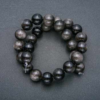 Beads on a Thread - natural stone Silver Obsidian smooth round beads 14mm diameter +-, length 39cm +