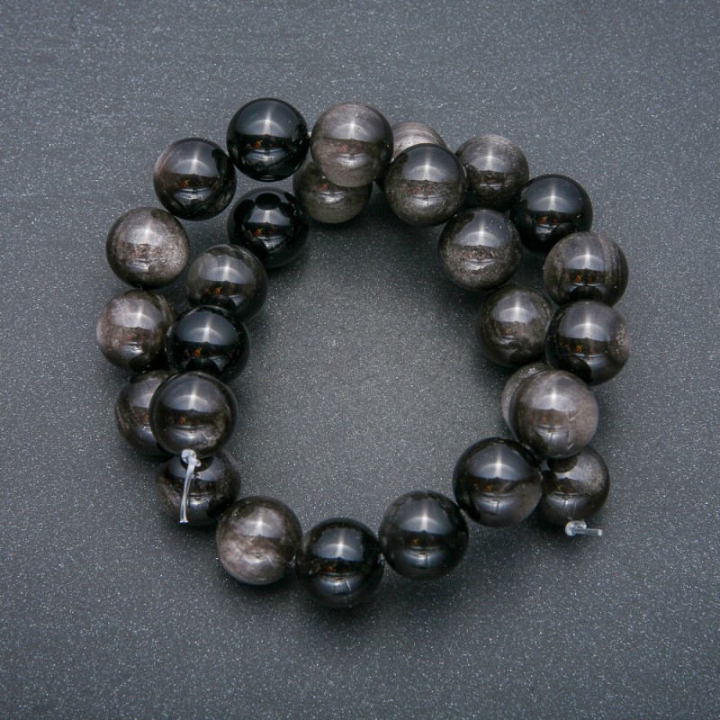 Beads on a Thread - natural stone Silver Obsidian smooth round beads 14mm diameter +-, length 39cm +