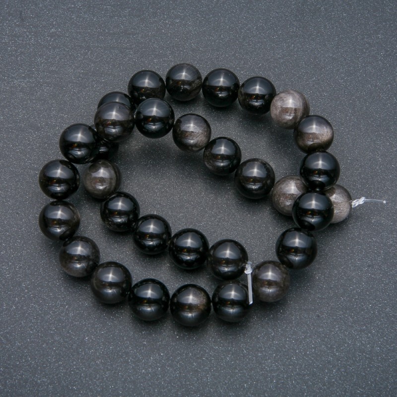 Beads on thread Natural Stone Silver Obsidian Smooth ball, diameter 12mm + -, length 39cm +