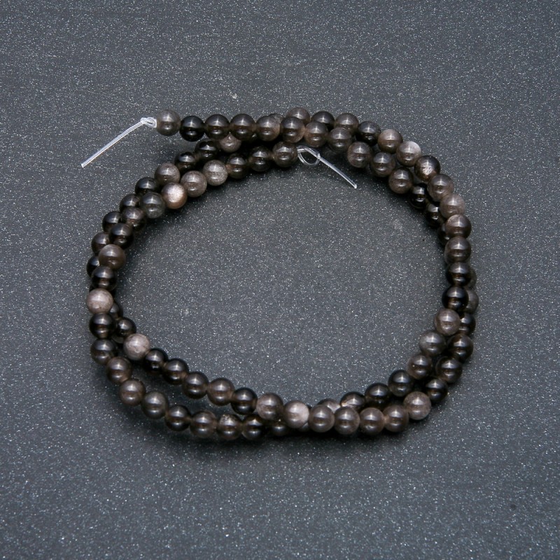 Beads on thread Silver Obsidian Smooth sphere 4mm diameter +-, thread length 39cm +
