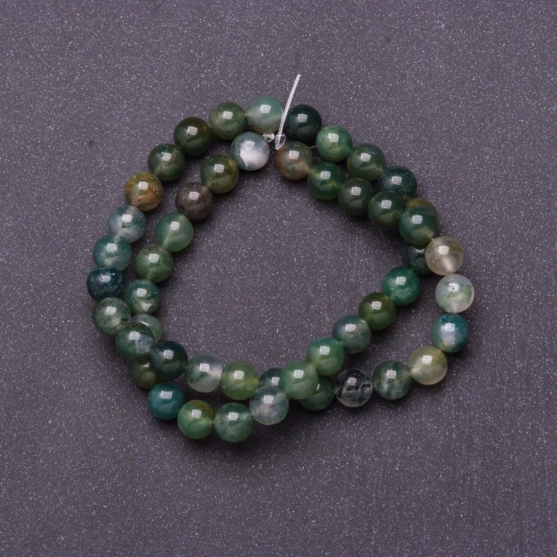 Beads Natural Stone on Thread Agate Mossy, Ø 8.5mm, Length 37cm