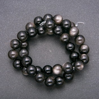 Natural stone beads Silver Obsidian smooth round bead, diameter 10 (+ -) mm, thread length 38cm