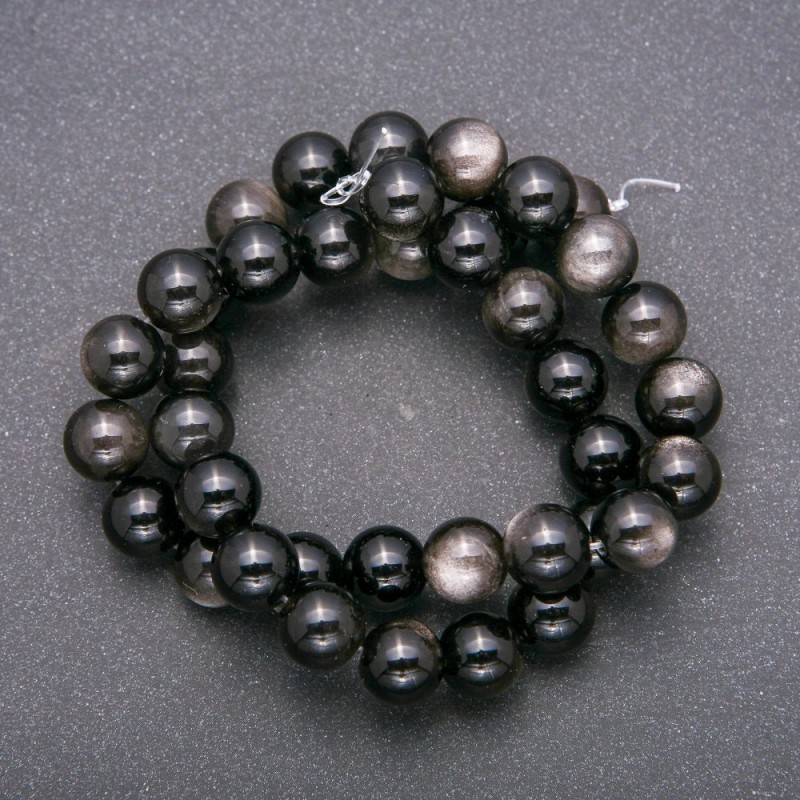 Natural stone beads Silver Obsidian smooth round bead, diameter 10 (+ -) mm, thread length 38cm