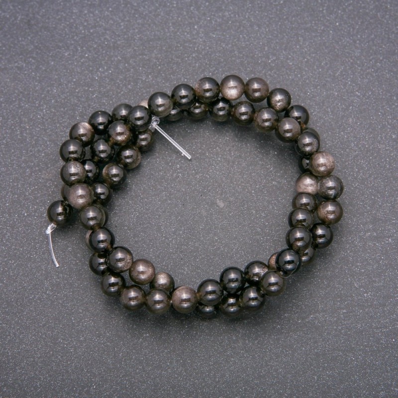 Natural Stone Beads Silver Obsidian Smooth Sphere 6 mm Ø, Length 38 cm