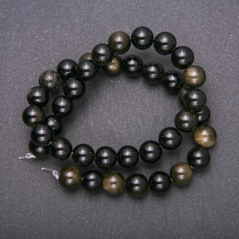 Natural stone beads on thread Sunstone Obsidian smooth round bead 10mm diameter, 38cm length