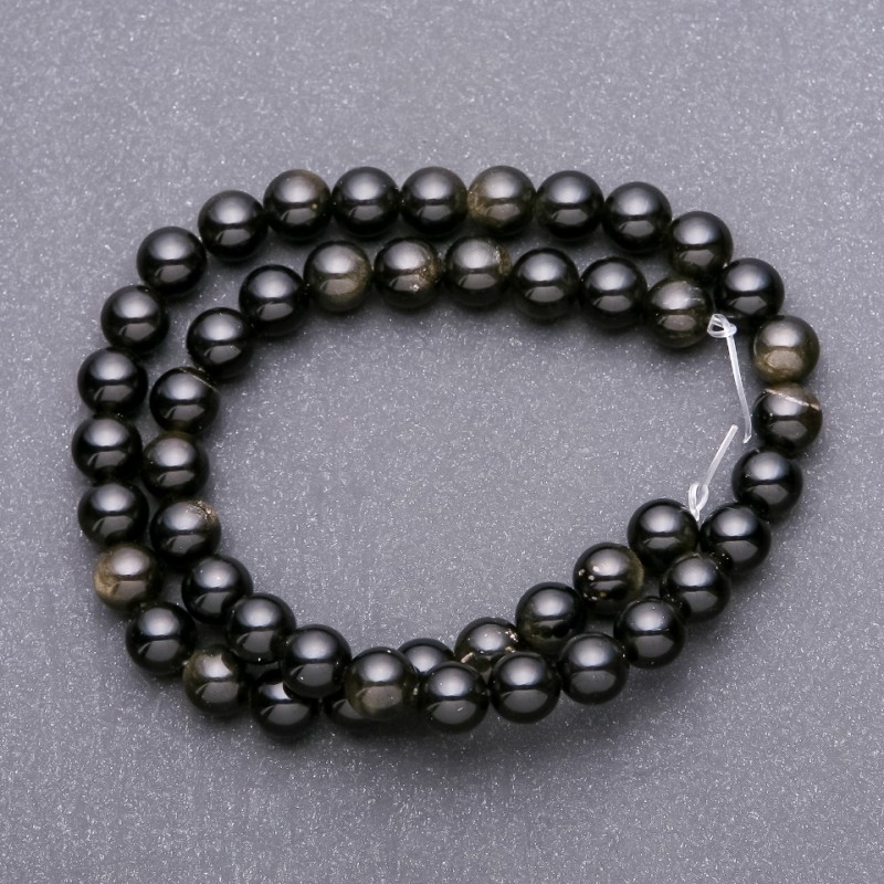 Sunstone Obsidian Beads on thread – smooth round beads, 8 mm diameter (+/-), length 38 cm