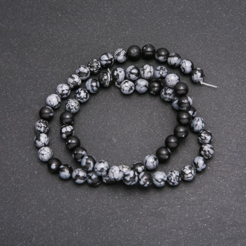 Beads on fishing line Snow Obsidian Apache Tears smooth sphere, diameter 6 (+ -) mm, length 38cm
