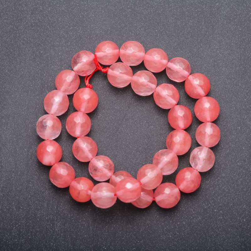 Rose Quartz Chalcedony Beads on Thread, Faceted Round 12 mm, 37 cm length