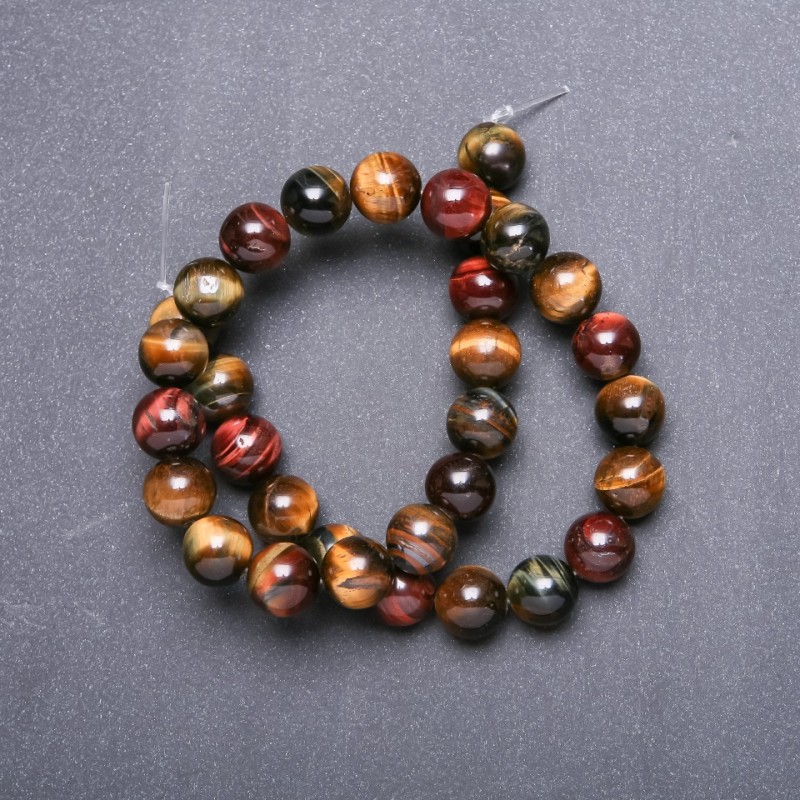 Natural Stone Beads Tiger's Eye, Bull's Eye, Hawk's Eye on Thread, 12mm diameter, 38cm length