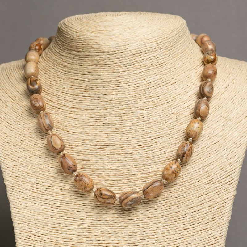 Necklace of Landscape Jasper natural stone "barrel" shape, diameter 10x14-15mm, length 48cm+
