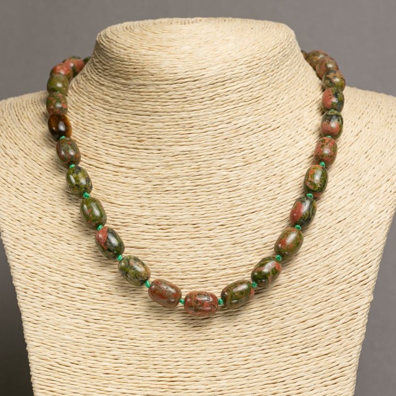 Jasper Unakit Bead Necklace "Barrel", 10x14 mm, length 49-46 cm+