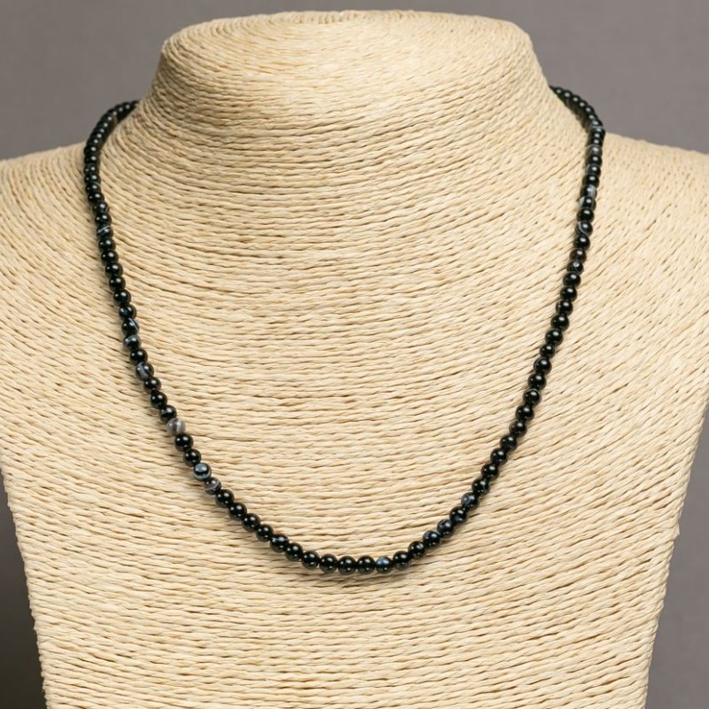 Necklace of Black Agate Smooth Beads, 4mm diameter, 46-48cm length
