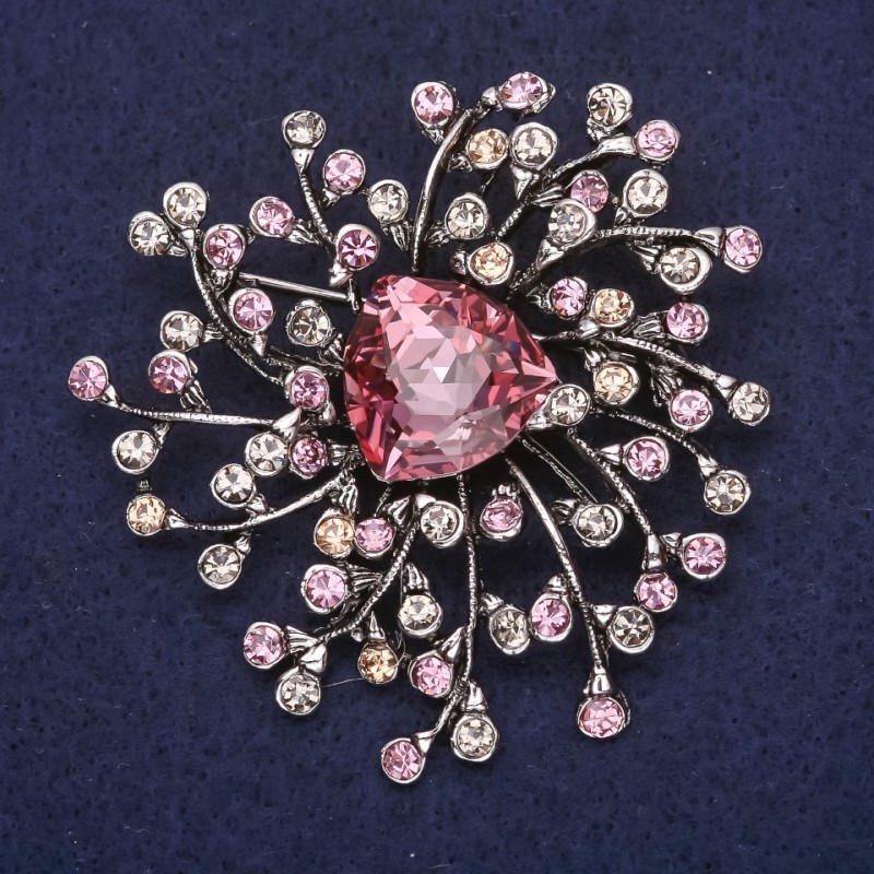 Brooch large Accent with crystals and stone, lilac grey, 56x58mm, silver metal