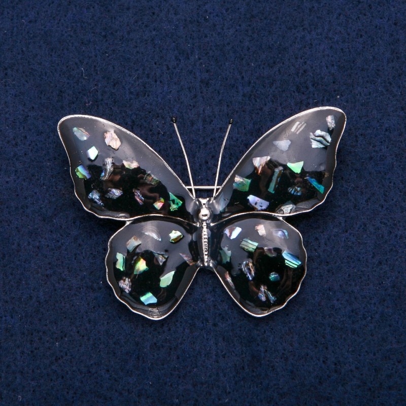 Brooch Butterfly Chalcedony and Black Enamel, Silver-Coloured Metal 40x55mm