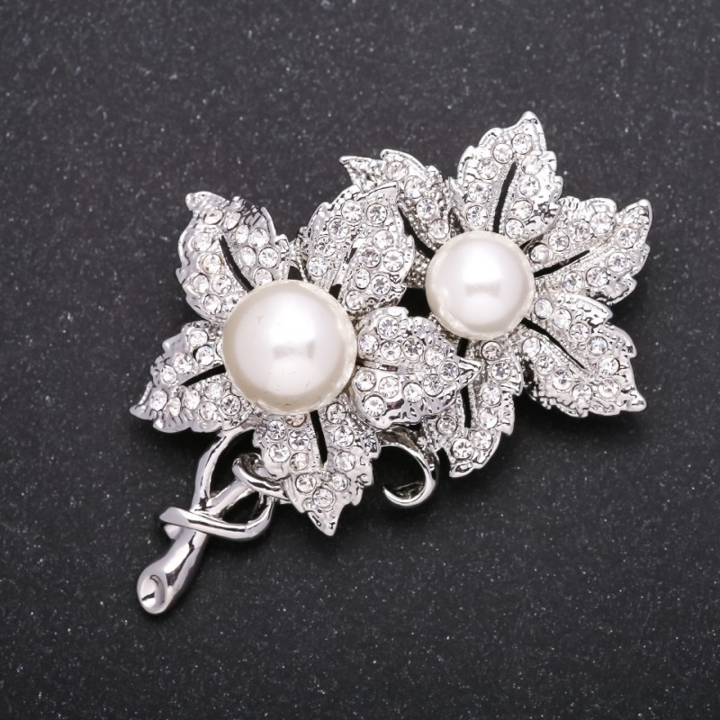 Brooch Pearl Flowers Colour "White Silver" 57x33mm