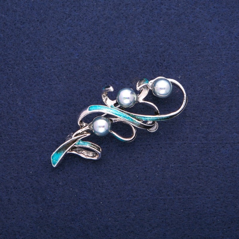 Brooch Branch with Mallorca Pearls and blue enamel, silver-tone metal 24x60mm